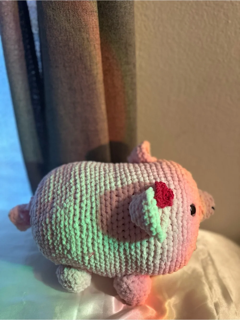 Handmade Pink Crochet Pig Plush Toy with Red Flower Accent